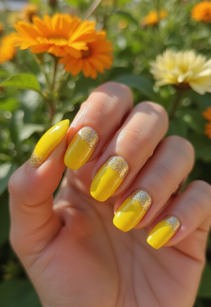 12 Bright Summer Nail Designs to Stand Out - 11. Glittery Sunshine