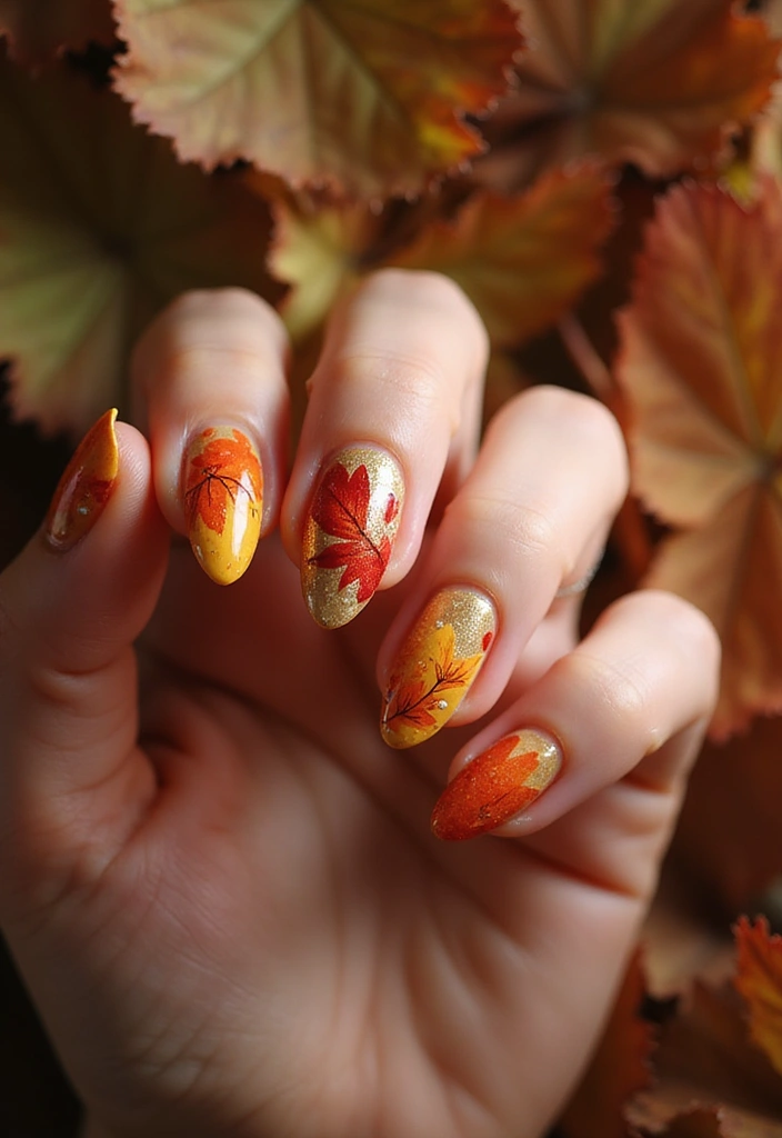 14 Modern Autumn Nail Inspo for a Trendy Look - 7. Whimsical Leaf Designs