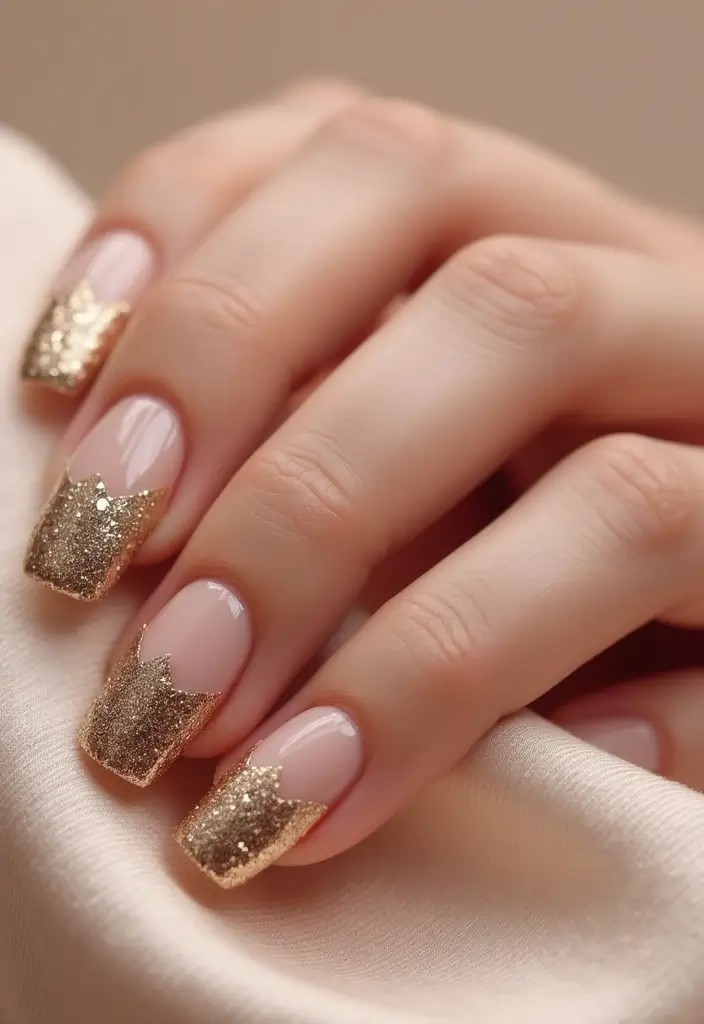 15 Elegant Glitter Gradient French Manicure Ideas - 11. Glitzy Champagne Tips