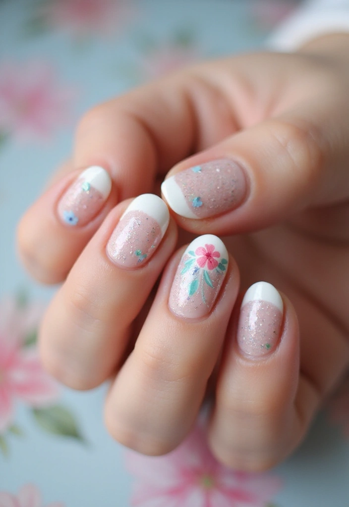15 Elegant Glitter Gradient French Manicure Ideas - 15. Elegant Floral Glitter Tips
