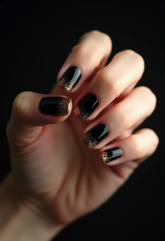 15 Elegant Glitter Gradient French Manicure Ideas - 5. Chic Black and Gold Glitter