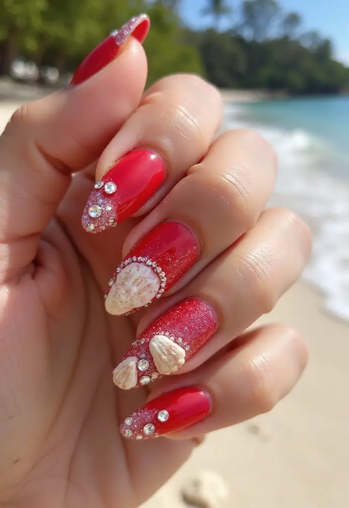 16 Summer Red Nails That Will Turn Heads - 13. Sparkling Seashells