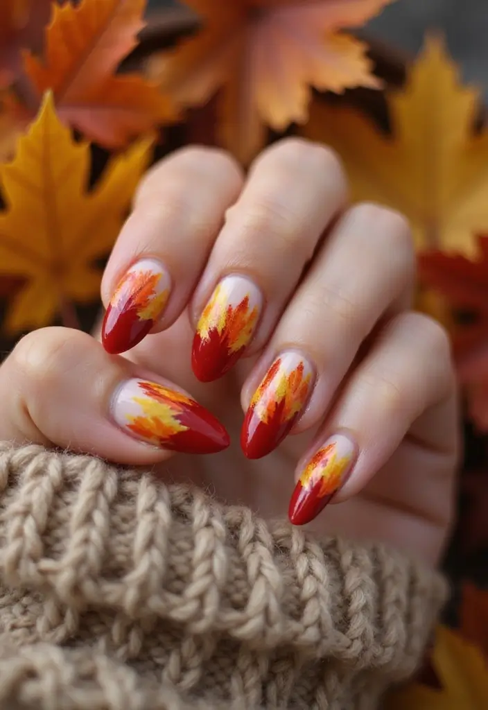 18 Must-Try Autumn Nail Trends for Fashion Lovers - 18. Colorful Nails with Leaf Designs