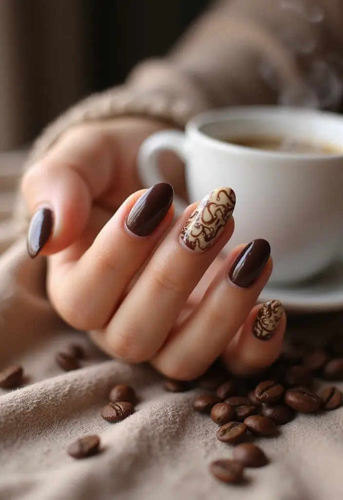 20 Cozy Autumn Winter Nail Designs to Try This Year - 9. Cozy Coffee Swirls