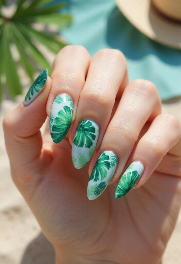 20 Trending Almond Nail Designs for Every Summer Mood - 2. Tropical Leaf Prints