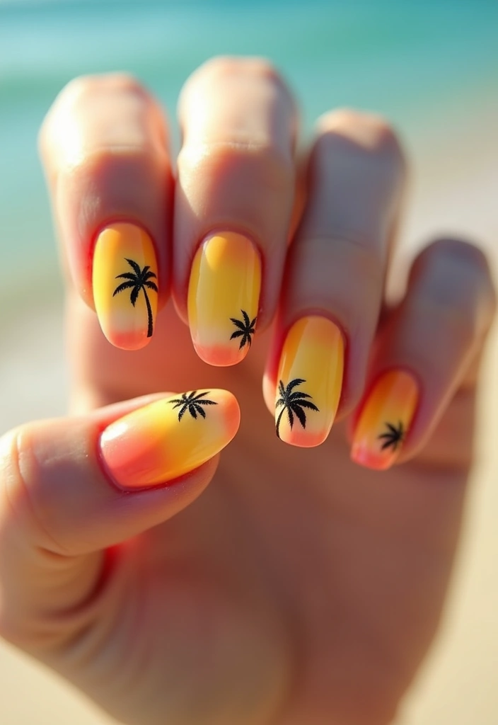 22 Beach Vacay Nail Ideas for Your Next Escape - 9. Gradient Sunset with Palm Trees