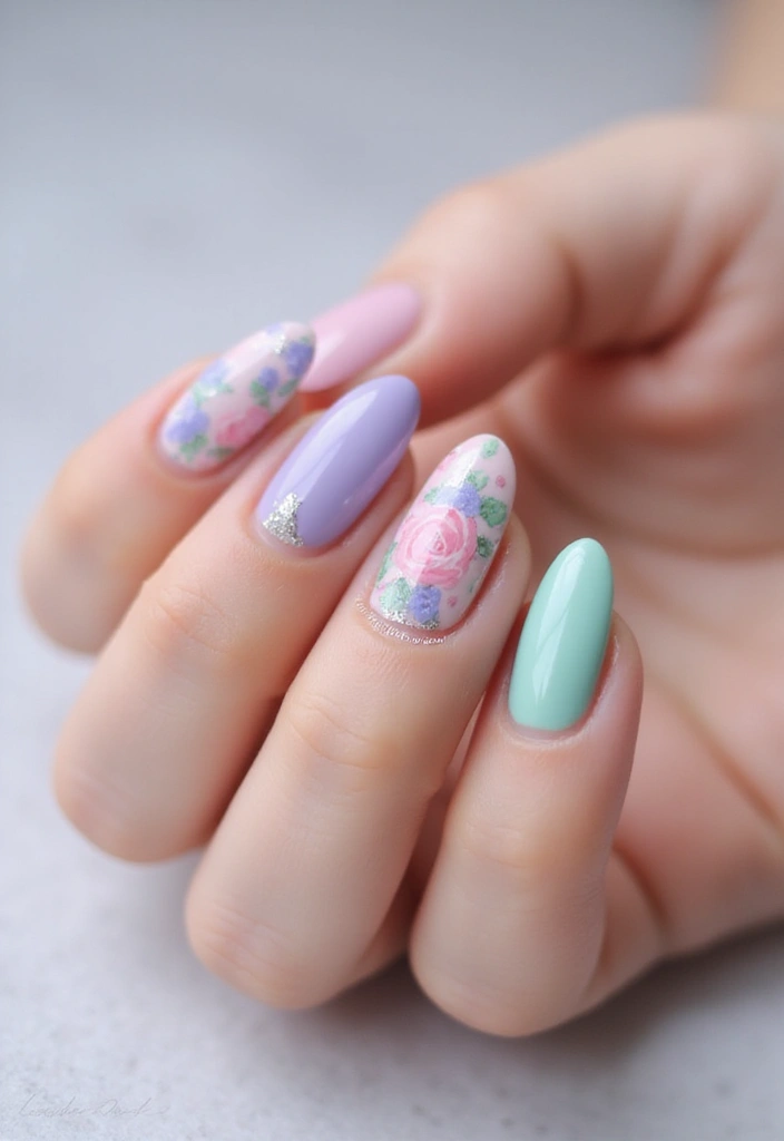 22 Colorful Nail Art for New Year’s Eve - 8. Floral Sparkle