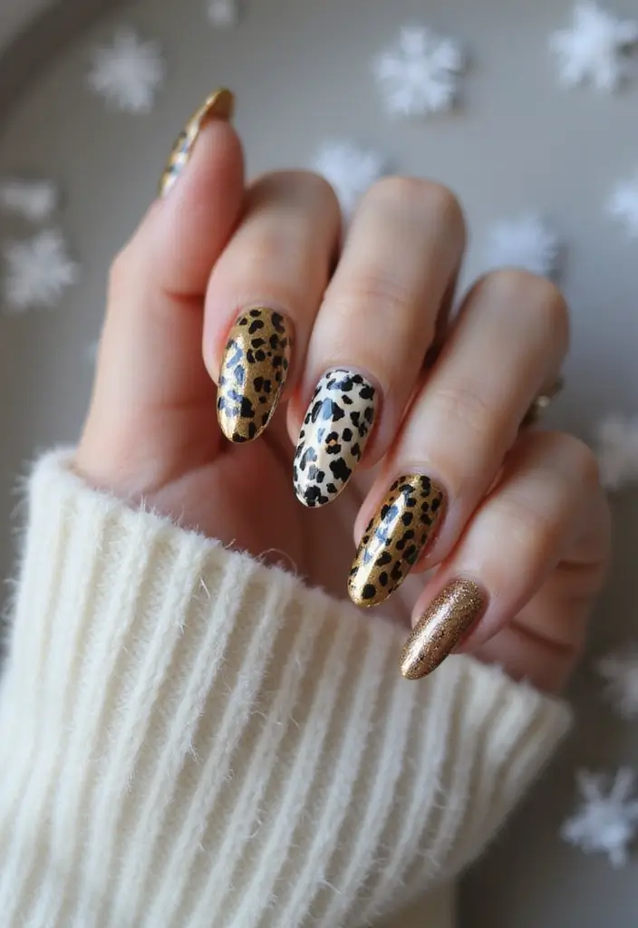 23 Gold Chrome French Tip Looks for Elegant Hands - 10. Animal Print Gold Chrome Tips