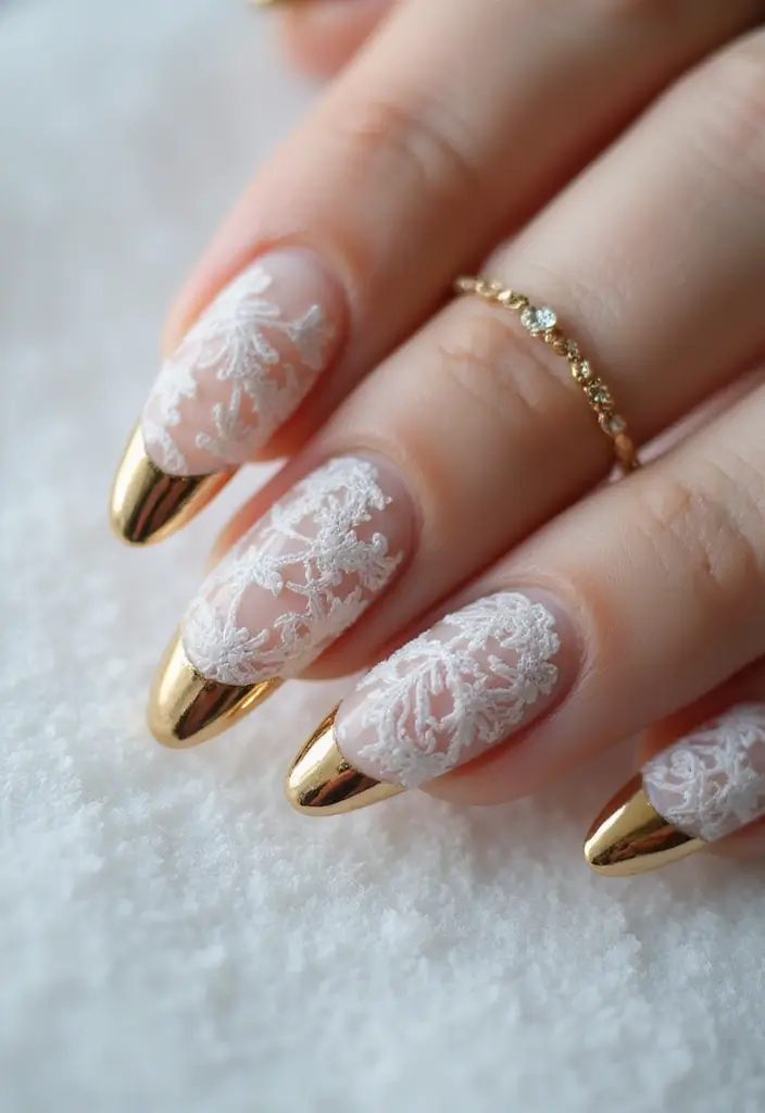23 Gold Chrome French Tip Looks for Elegant Hands - 15. Vintage Lace with Gold Chrome Tips