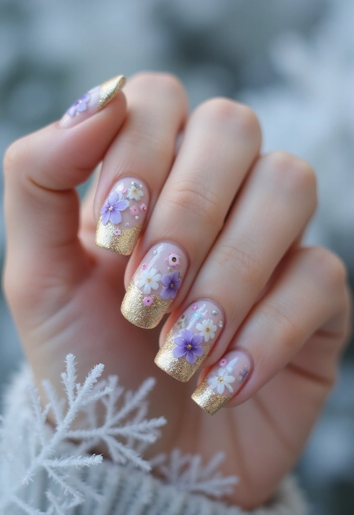 23 Gold Chrome French Tip Looks for Elegant Hands - 6. Floral Gold Chrome Accent Tips