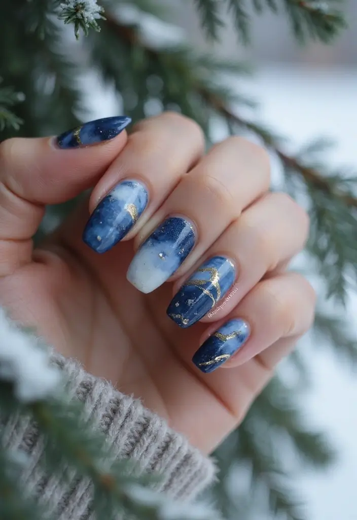 23 Gold Chrome French Tip Looks for Elegant Hands - 8. Marble Effect with Gold Chrome Tips