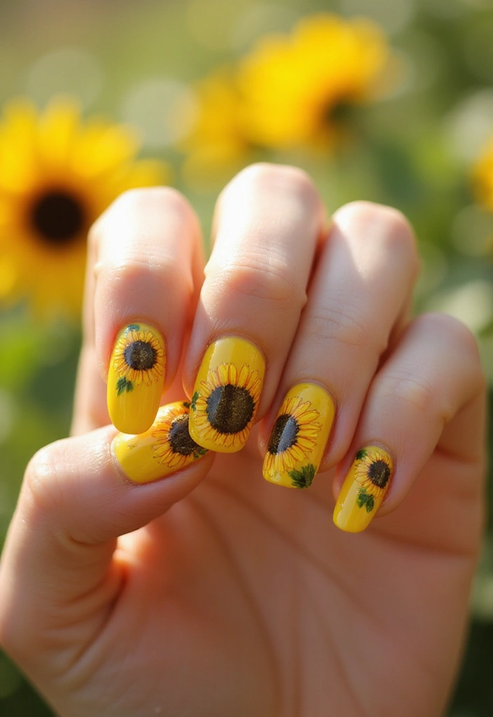 24 Summer Gel Nail Designs for Long-Lasting Glam - 22. Sunflower Delight