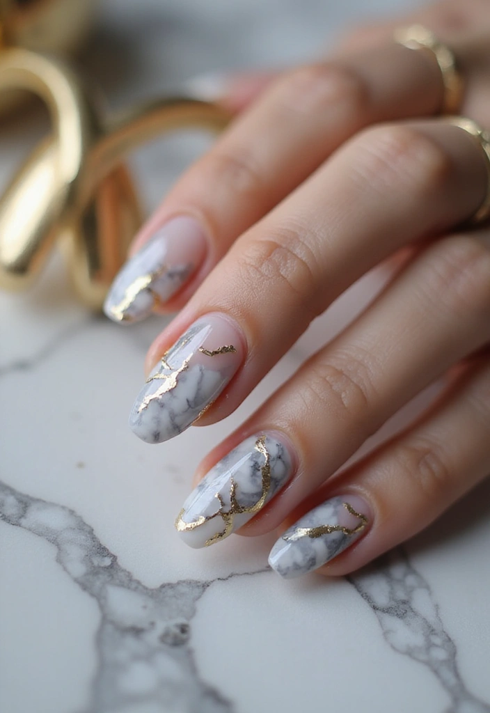24 Summer Gel Nail Designs for Long-Lasting Glam - 24. Cool Marble with Gold Accents