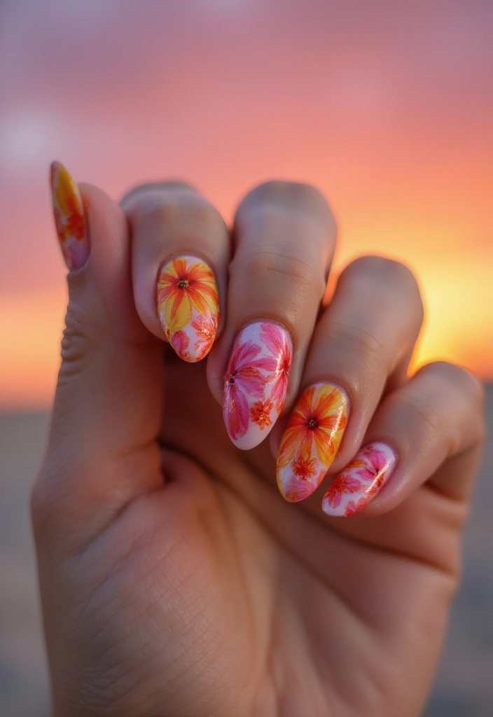25 Fresh Flower Garden Nails Perfect for August - 4. Tropical Vibes with Hibiscus