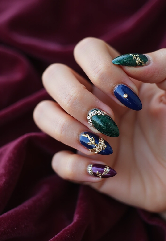 25 Midnight Magic Nail Looks for New Year’s Eve - 19. Dazzling Jewel Tones