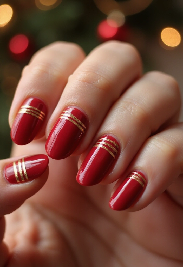 25 Midnight Magic Nail Looks for New Year’s Eve - 21. Classic Red and Gold Stripes