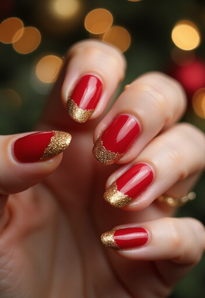 25 Midnight Magic Nail Looks for New Year’s Eve - 3. Festive Red with Gold Glitter Tips