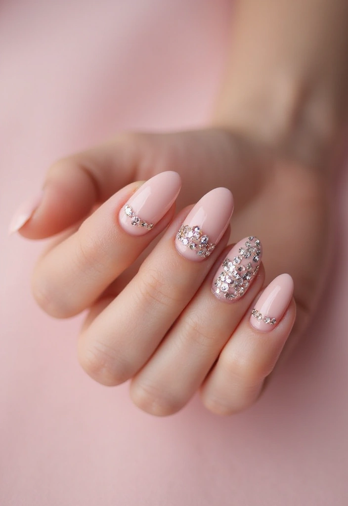 25 Short & Sleek Blush Nails for Everyday Class - 16. Blush with Rhinestones