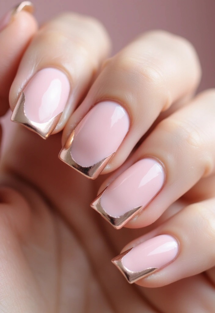 25 Short & Sleek Blush Nails for Everyday Class - 22. Blush with Metallic Tips