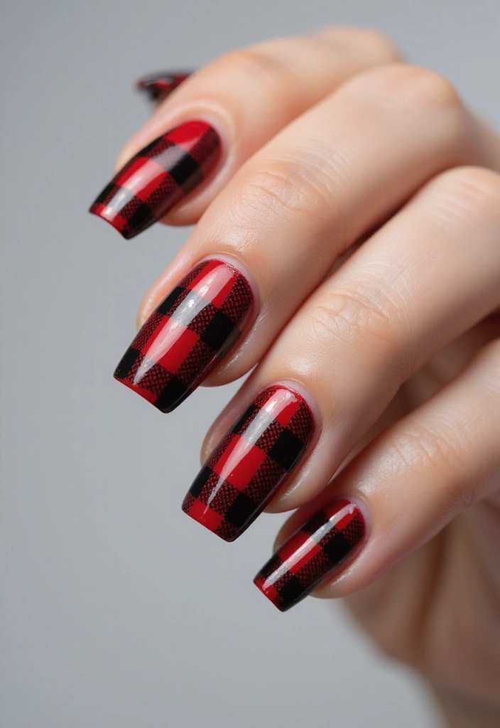 26 Coffin-Shaped Plaid Nails for Trendy Looks - 1. Classic Red and Black Plaid