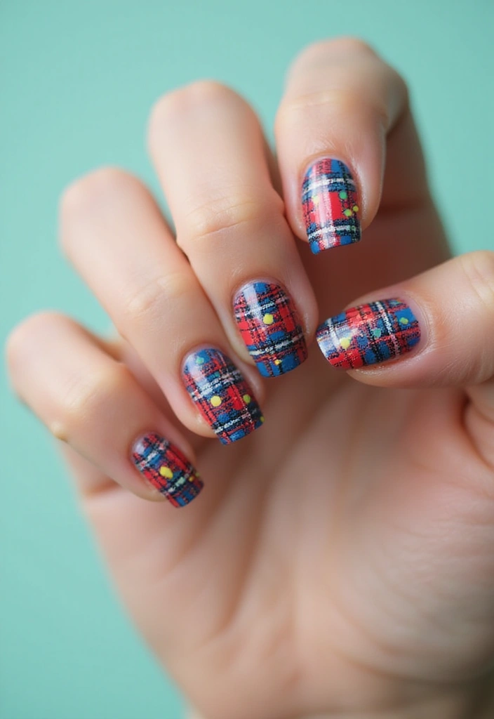 26 Coffin-Shaped Plaid Nails for Trendy Looks - 10. Polka Dot Plaid Combo