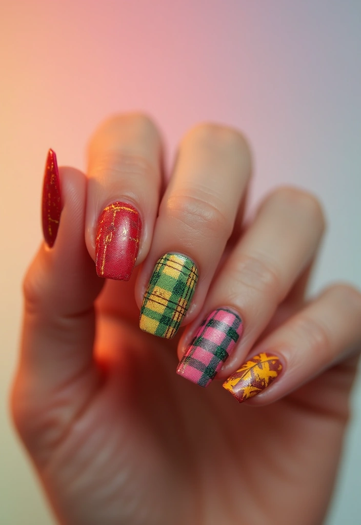 26 Coffin-Shaped Plaid Nails for Trendy Looks - 12. Retro Plaid Patterns