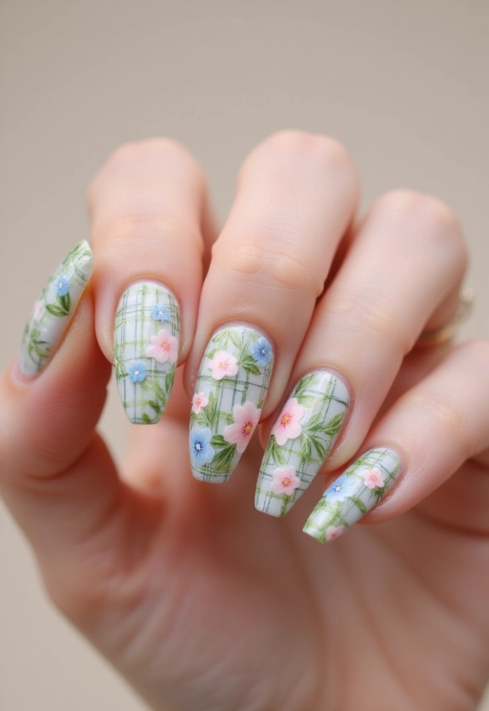 26 Coffin-Shaped Plaid Nails for Trendy Looks - 13. Floral Plaid Delight