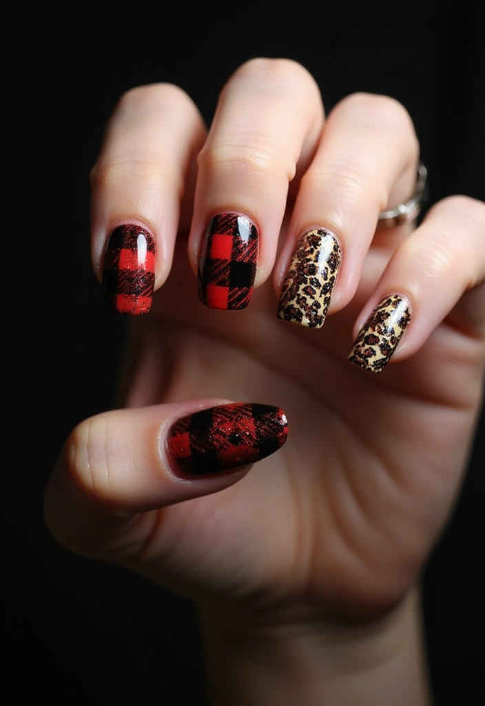 26 Coffin-Shaped Plaid Nails for Trendy Looks - 14. Animal Print Plaid Combo