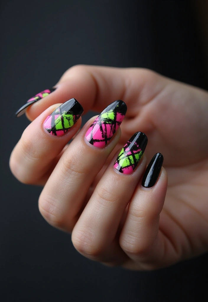 26 Coffin-Shaped Plaid Nails for Trendy Looks - 15. Neon Plaid Party