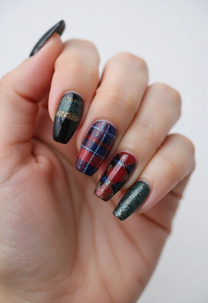 26 Coffin-Shaped Plaid Nails for Trendy Looks - 18. Mixed Media Plaid