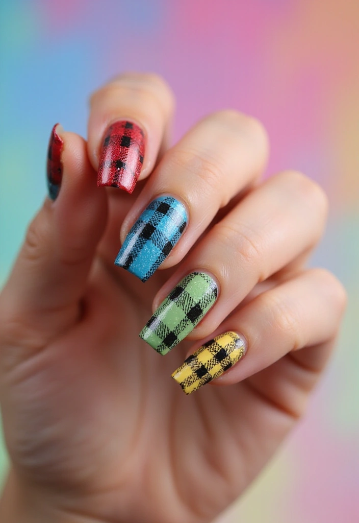 26 Coffin-Shaped Plaid Nails for Trendy Looks - 20. Artistic Plaid Designs
