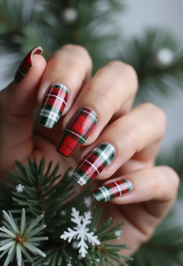 26 Coffin-Shaped Plaid Nails for Trendy Looks - 21. Cosy Winter Plaid
