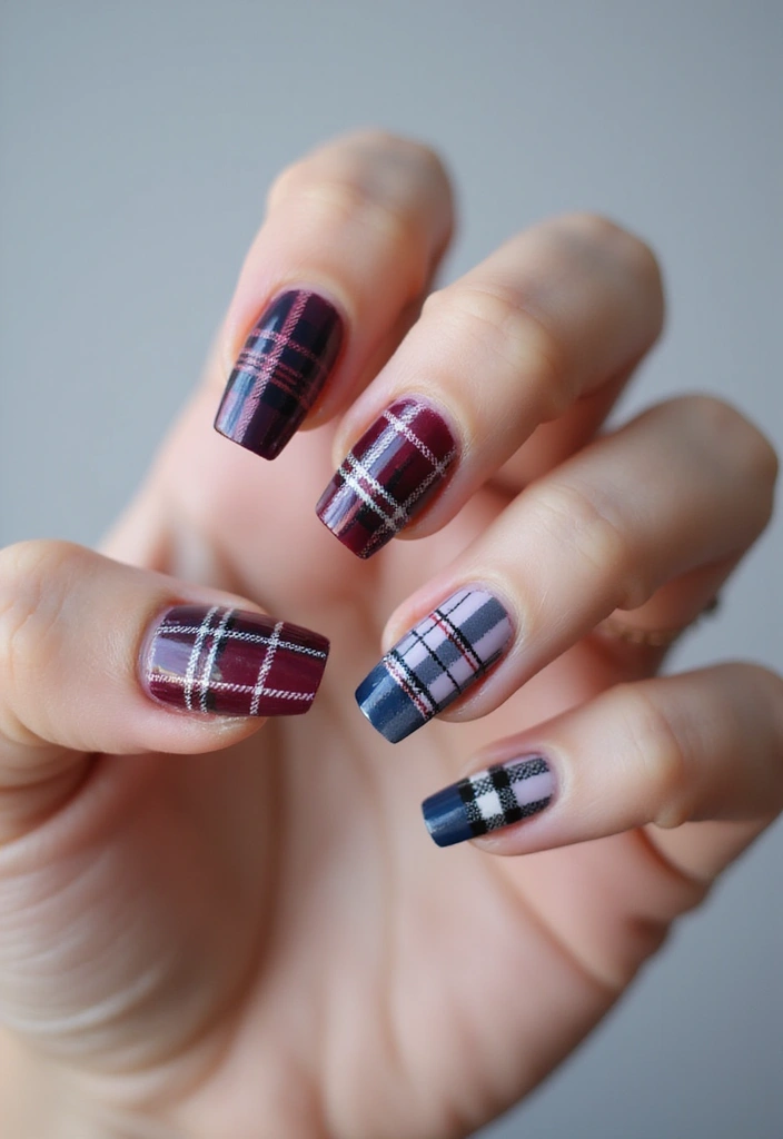 26 Coffin-Shaped Plaid Nails for Trendy Looks - 22. Plaid Layering Effects