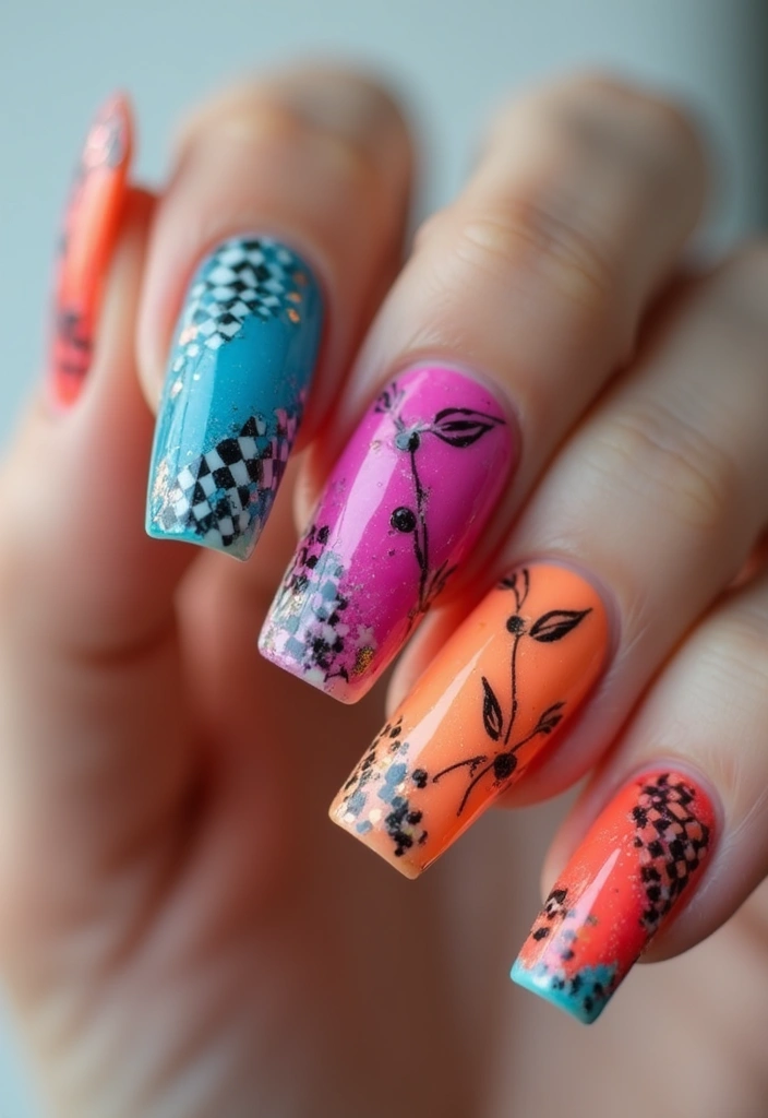 26 Coffin-Shaped Plaid Nails for Trendy Looks - 23. Color Blocking Plaid