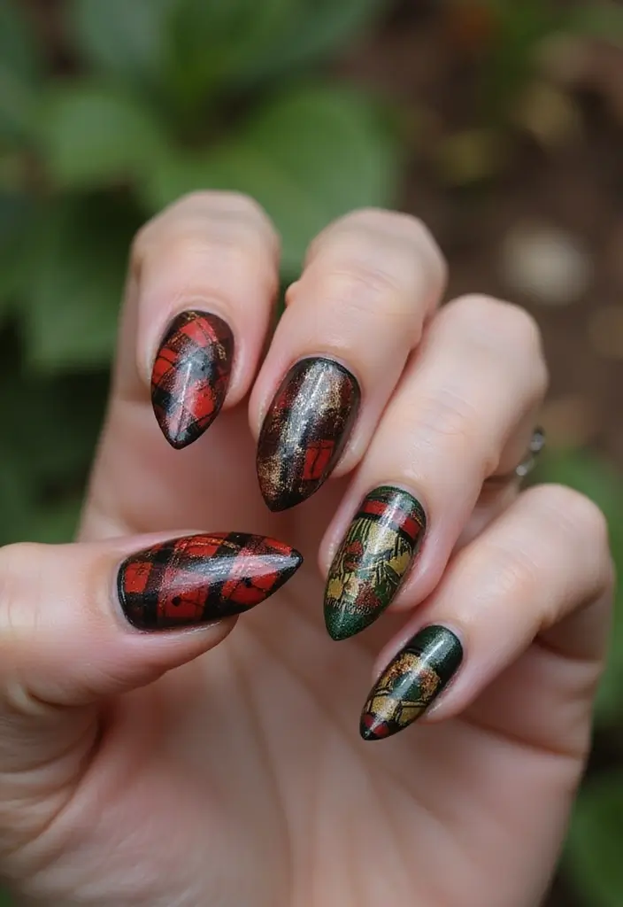 26 Coffin-Shaped Plaid Nails for Trendy Looks - 24. Tribal Plaid Mashup