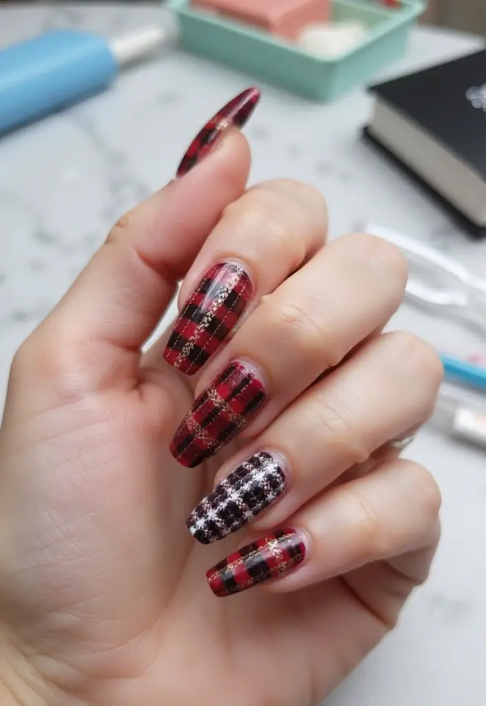 26 Coffin-Shaped Plaid Nails for Trendy Looks - 25. Quick and Easy Plaid Stickers