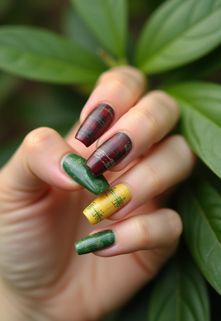 26 Coffin-Shaped Plaid Nails for Trendy Looks - 26. Eco-Friendly Plaid Designs