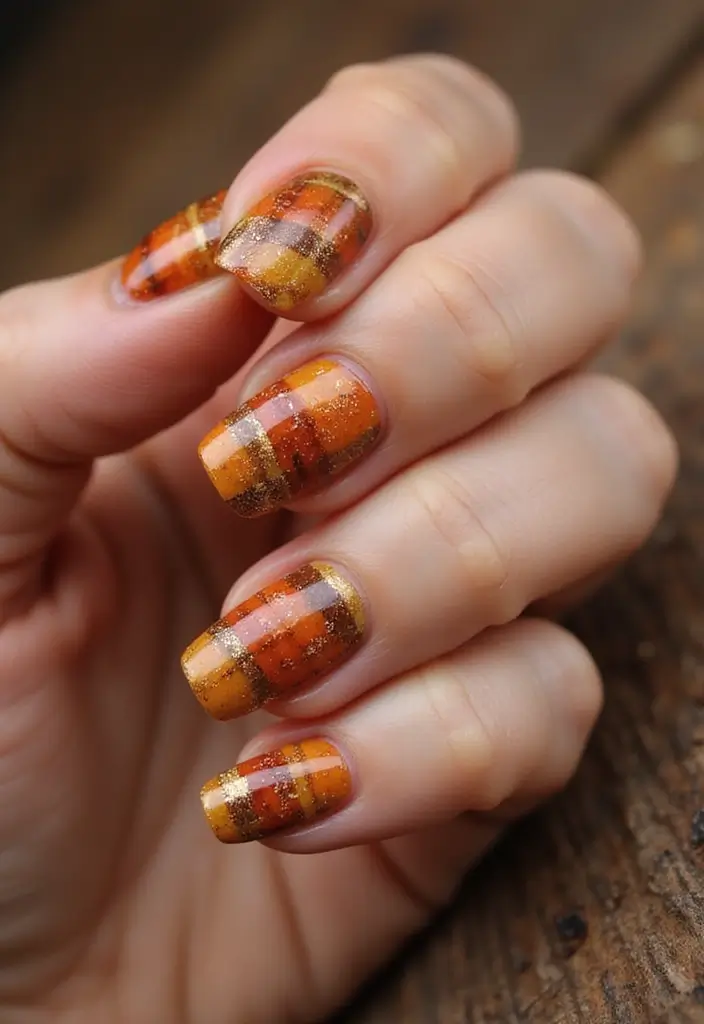 26 Coffin-Shaped Plaid Nails for Trendy Looks - 3. Autumn Vibes with Warm Tones