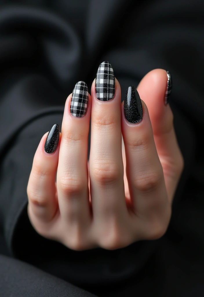 26 Coffin-Shaped Plaid Nails for Trendy Looks - 4. Elegant Black and White Plaid