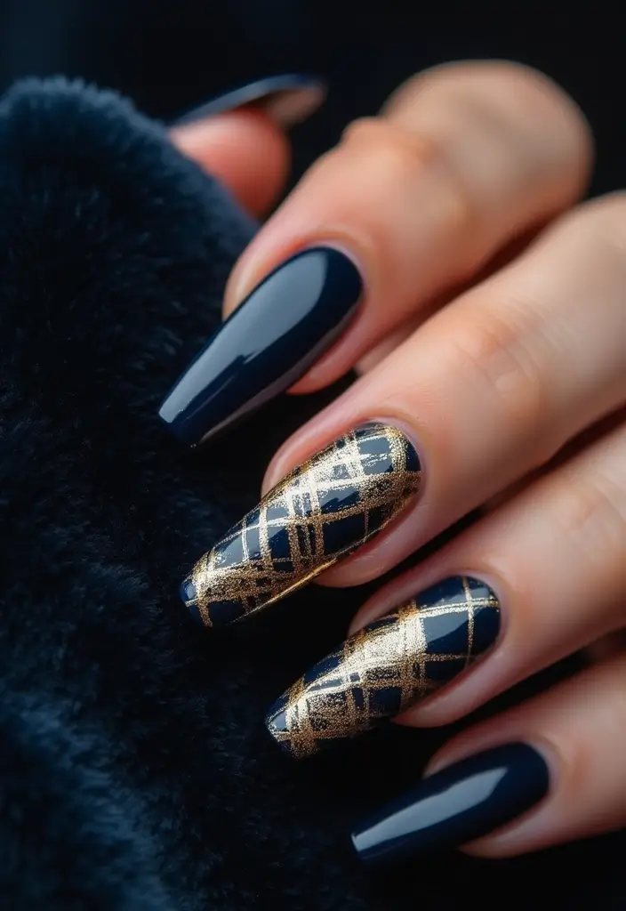 26 Coffin-Shaped Plaid Nails for Trendy Looks - 6. Metallic Plaid Designs