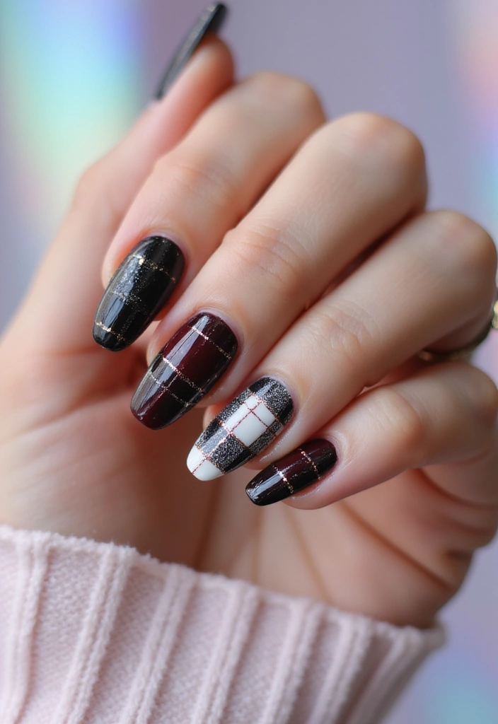 26 Coffin-Shaped Plaid Nails for Trendy Looks - 8. Glittery Plaid Touch
