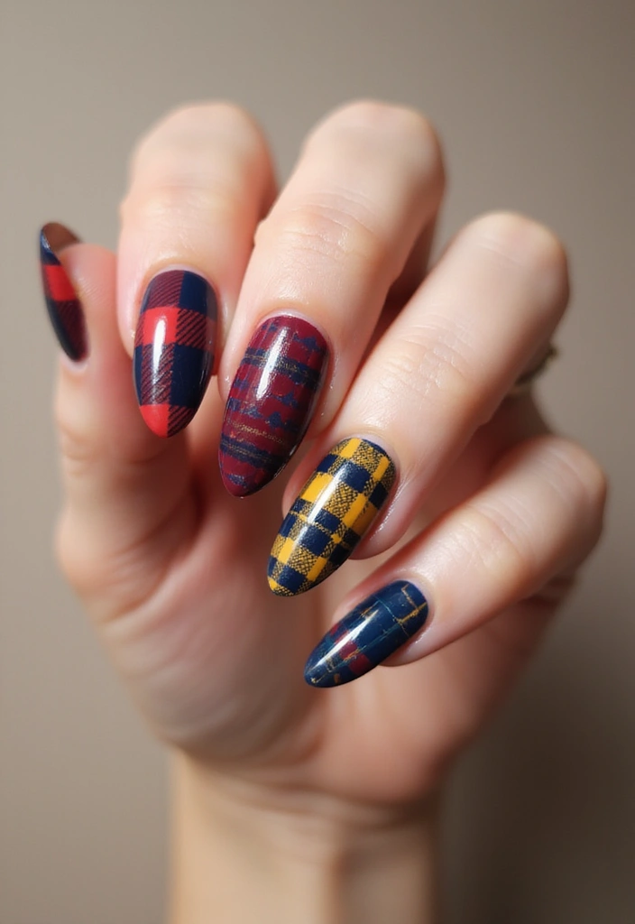 26 Coffin-Shaped Plaid Nails for Trendy Looks - 9. Striped Plaid Fusion