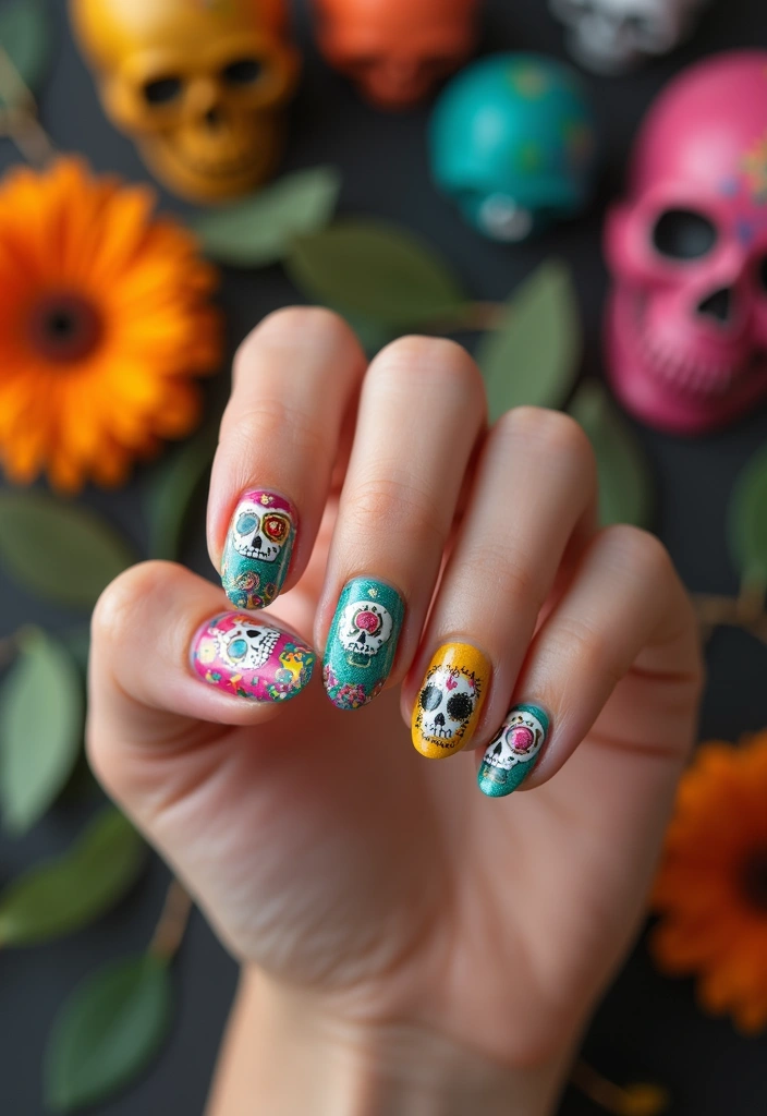 26 Cozy & Chic Nail Ideas for Halloween 2025 - 11. Candy Skull Chic