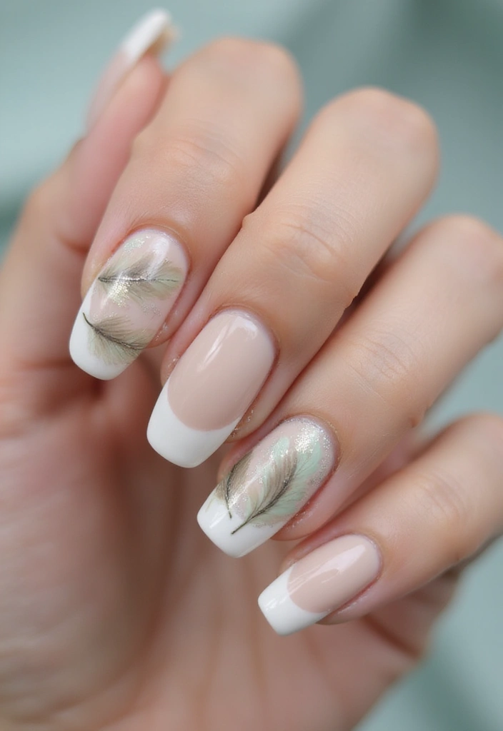 26 Milky Glass French Nail Designs for Subtle Shine - 16. Feather Accents
