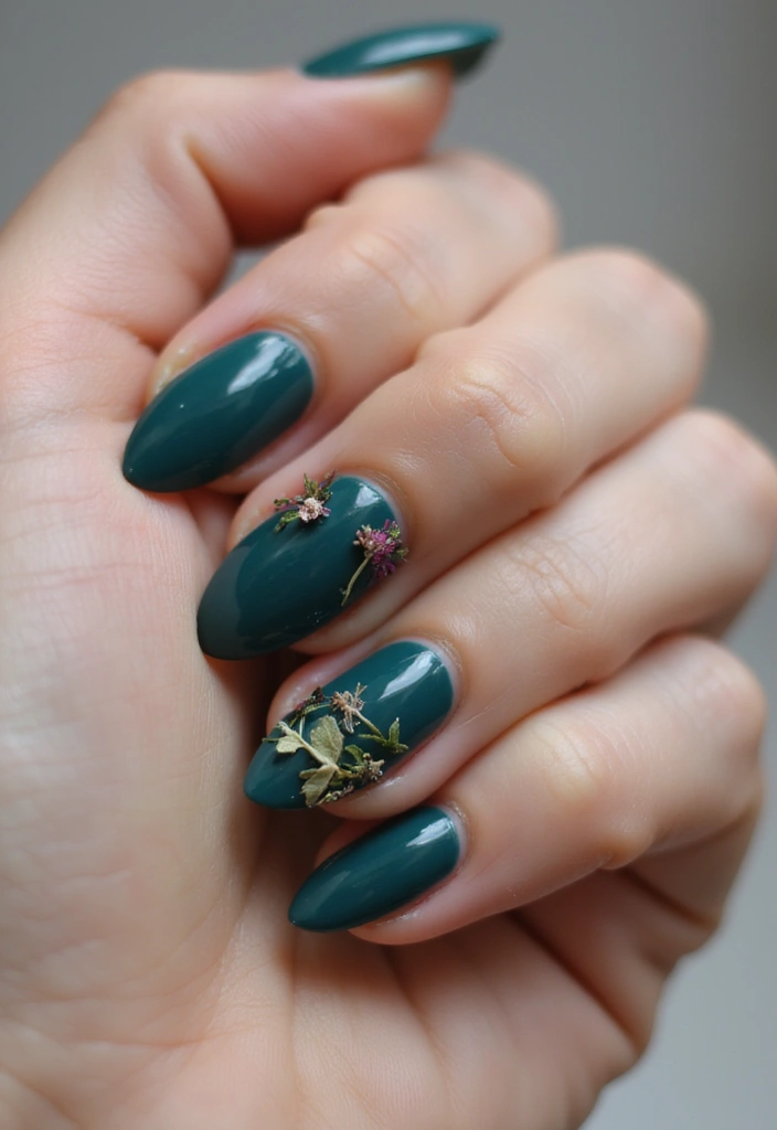 26 Warm Earth-Tone Nail Ideas for a November Reset - 14. Dark Teal with Natural Elements