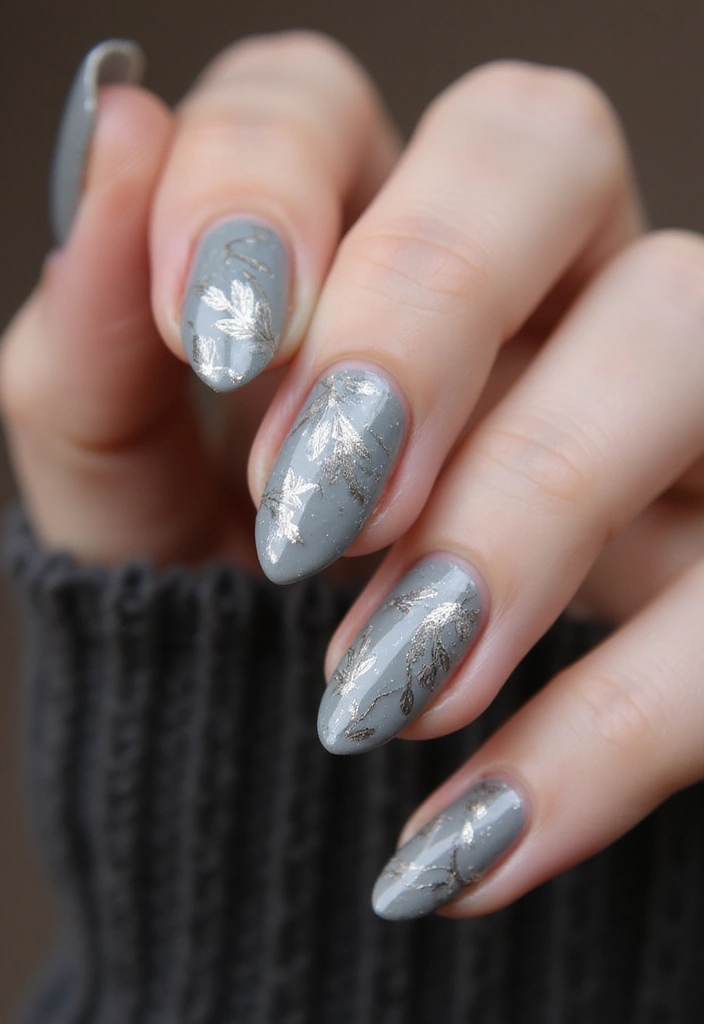 26 Warm Earth-Tone Nail Ideas for a November Reset - 17. Warm Gray with Textured Leaves