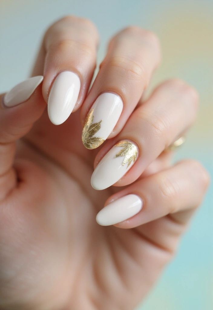 26 Warm Earth-Tone Nail Ideas for a November Reset - 19. Creamy White with Gold Leaves