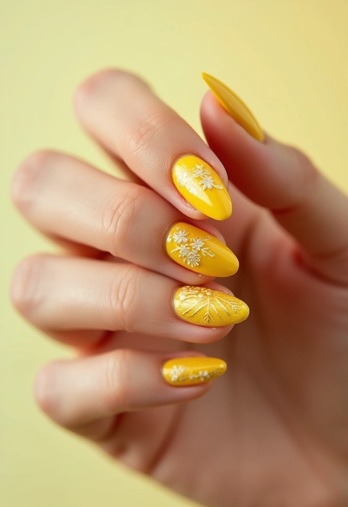 26 Warm Earth-Tone Nail Ideas for a November Reset - 25. Golden Yellow with Nature-Inspired Designs