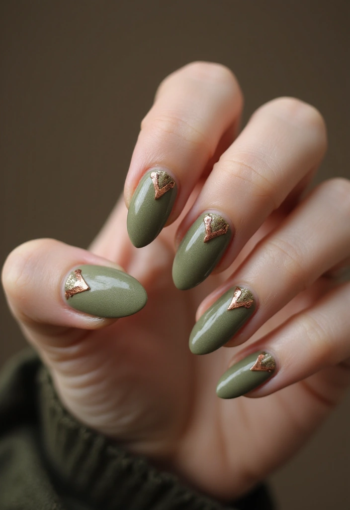 26 Warm Earth-Tone Nail Ideas for a November Reset - 5. Olive Green and Copper