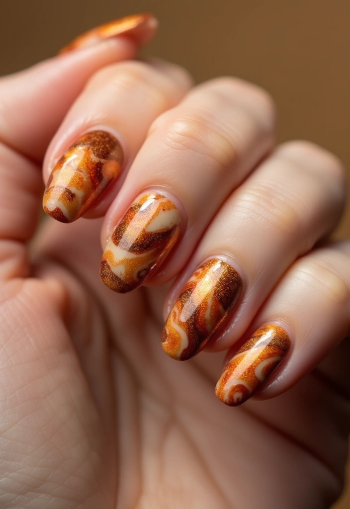 26 Warm Earth-Tone Nail Ideas for a November Reset - 6. Pumpkin Spice Swirls